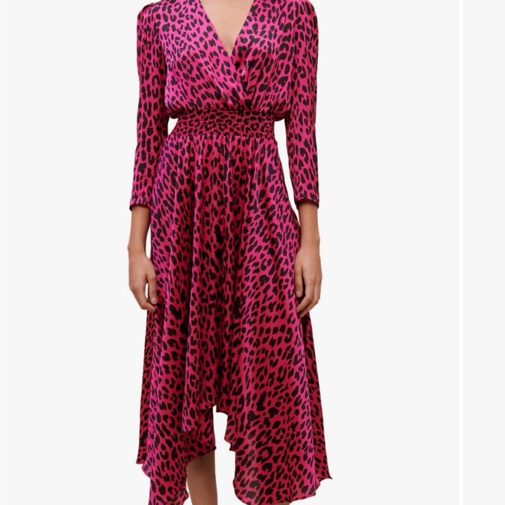 Maje Pink Leopard Print Midi Dress | Long Sleeve Smocked Waist | Size 36